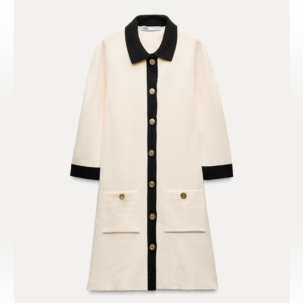 Zara Black and Cream Button-Down Midi Dress